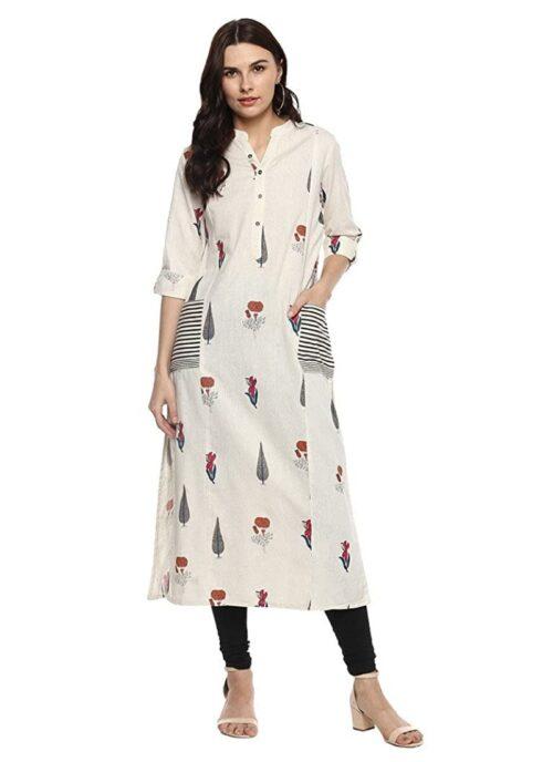 Generic Women’s Khadi Printed A Line Kurti (Off White, Khadi)