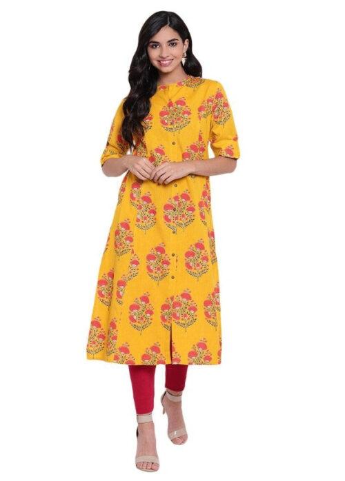 Generic Women’s Khadi Printed A Line Kurti (Yellow, Khadi)