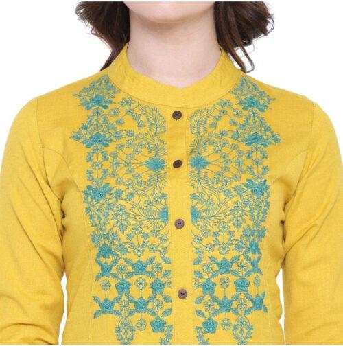 Generic Women’s Khadi Embroidered Kurti (Yellow, Khadi)