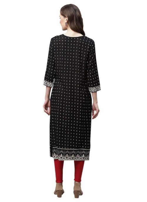 Generic Women’s Rayon Printed Straight Kurti (Black, Rayon)