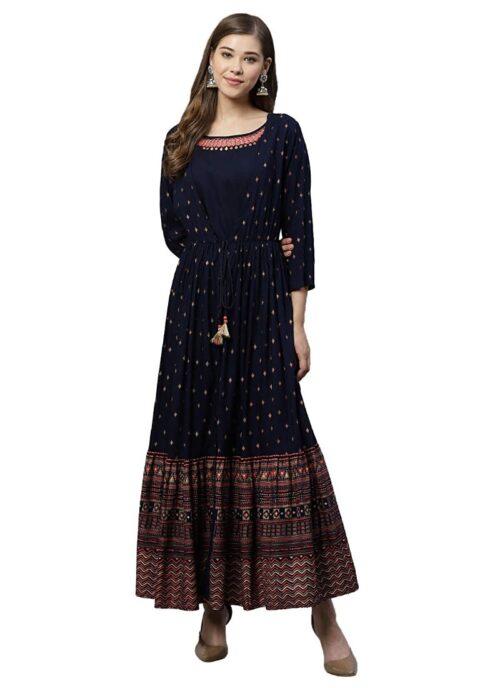 Generic Women’s Rayon Printed Viscose Regular Kurti (Navy Blue, Rayon)