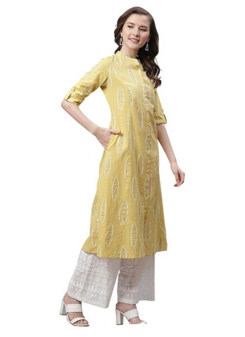 Generic Women’s Pure Cotton Printed A Line Kurti (Yellow, Pure Cotton)