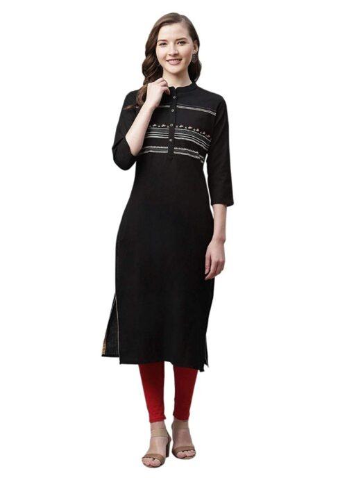 Generic Women’s Pure Cotton Printed Straight Kurti (Black, Pure Cotton)