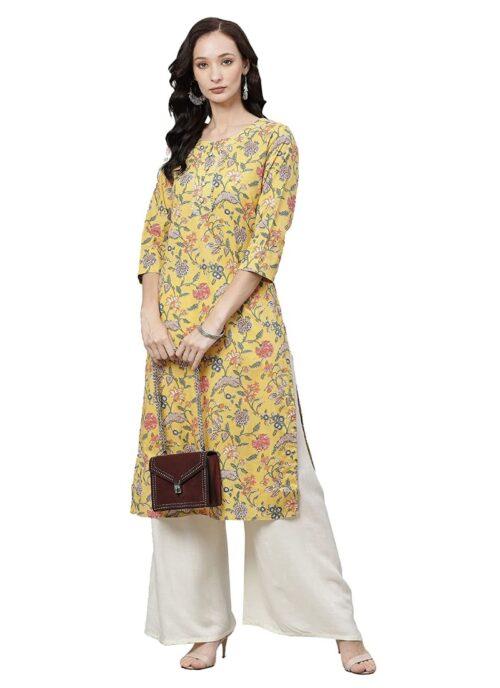 Generic Women’s Cotton Printed Straight Kurti (Yellow, Cotton)