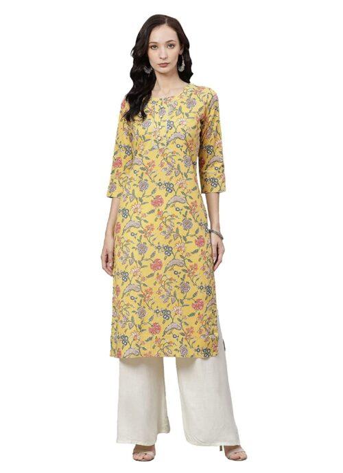 Generic Women’s Cotton Printed Straight Kurti (Yellow, Cotton)