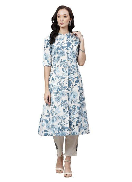 Generic Women’s Cotton Printed Floral Print Kurti (White, Blue, Cotton)