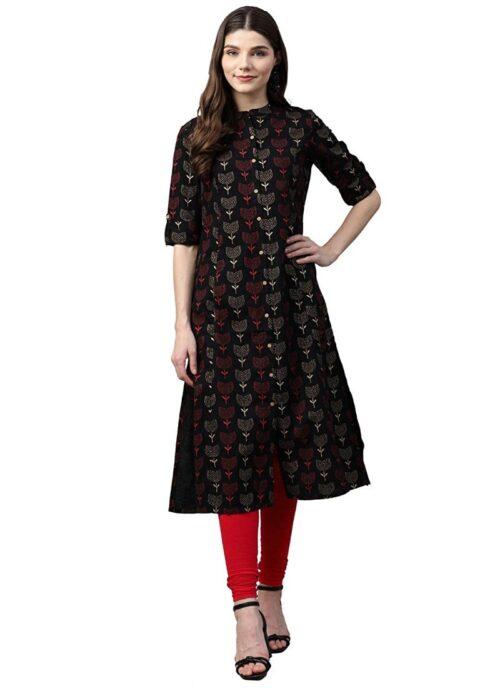 Generic Women’s Cotton Printed A Line Kurti (Black, Cotton)