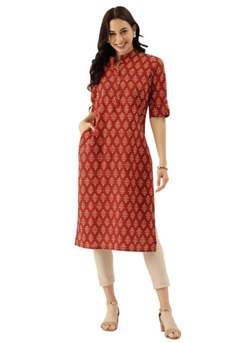 Generic Women’s Cotton Printed Straight Kurti (Red, Cotton)