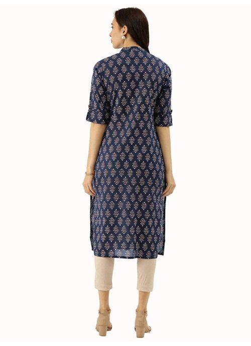 Generic Women’s Cotton Printed Straight Kurti (Navy Blue, Cotton)