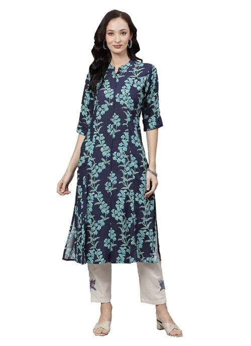 Generic Women’s Cotton Printed A Line Kurti (Blue, Cotton)