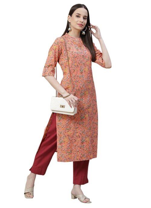 Generic Women’s Cotton Printed Straight Kurti (Peach, Cotton)