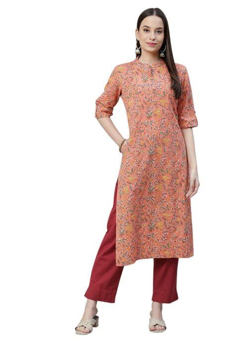 Generic Women’s Cotton Printed Straight Kurti (Peach, Cotton)