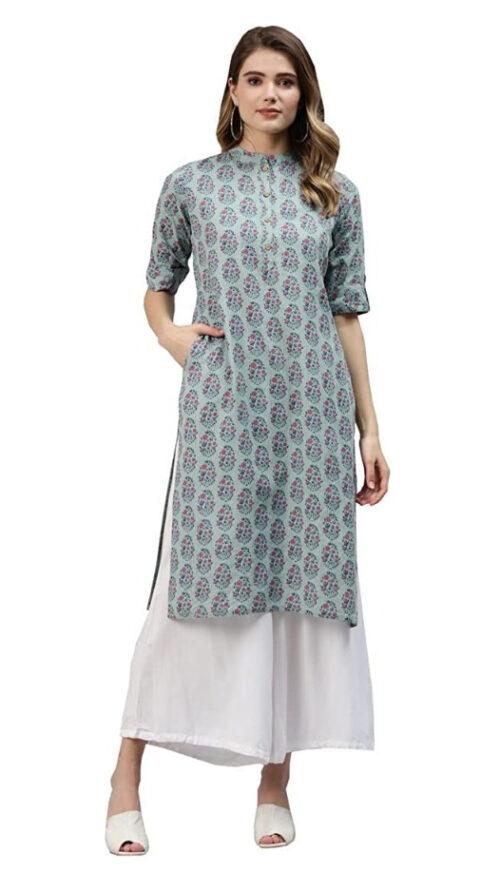 Generic Women’s Cotton Printed Straight Kurti (Blue, Cotton)