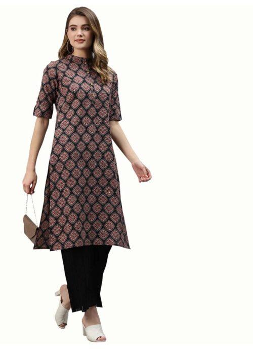 Generic Women’s Cotton Printed Straight Kurti (Black, Cotton)