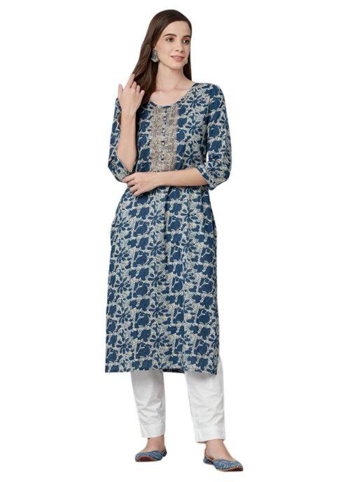 Generic Women’s Cotton Printed Straight Kurti (Blue, Cotton)