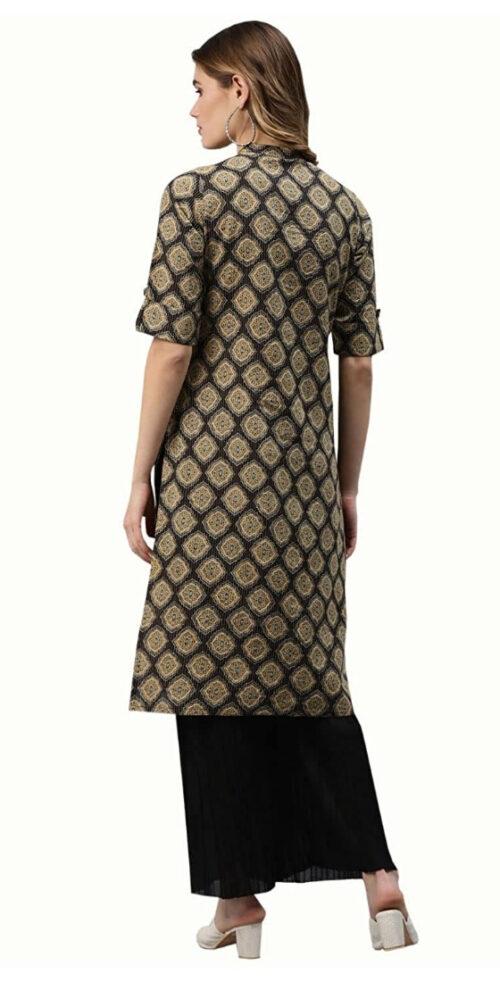 Generic Women’s Cotton Printed Straight Fit Kurti (Black, Cotton)