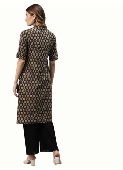 Generic Women’s Cotton Printed Straight Kurti (Black, Cotton)