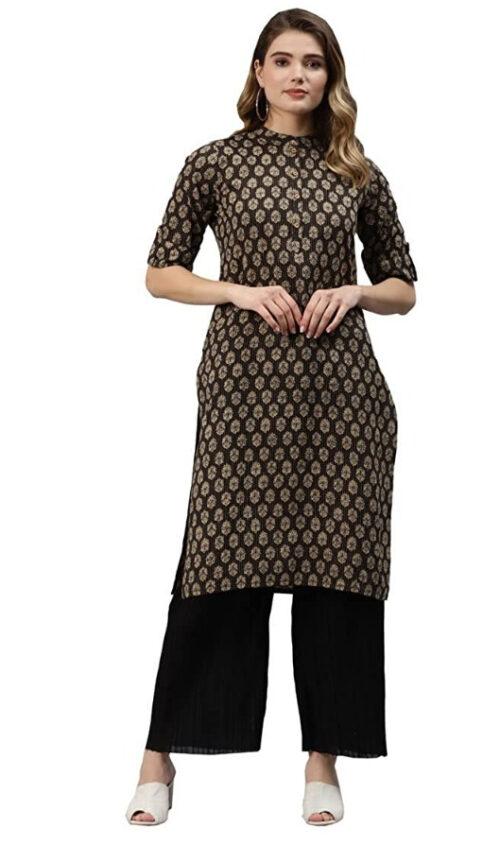 Generic Women’s Cotton Printed Straight Kurti (Black, Cotton)