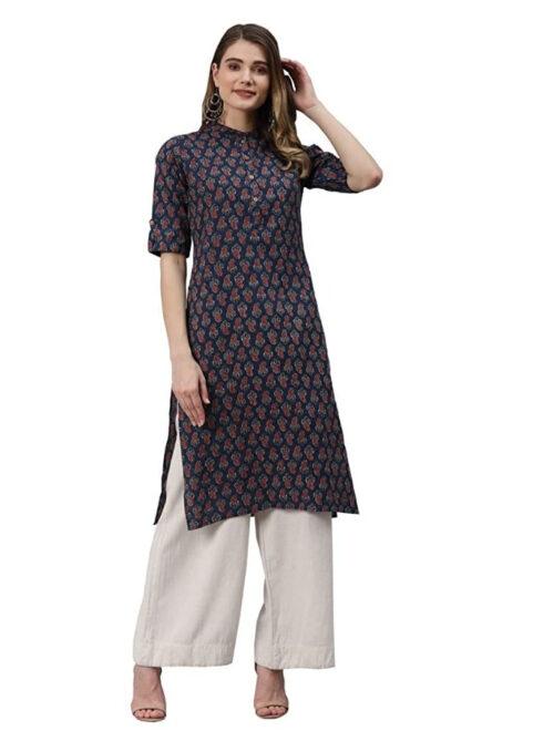 Generic Women’s Cotton Printed Straight Kurti (Navy Blue, Cotton)