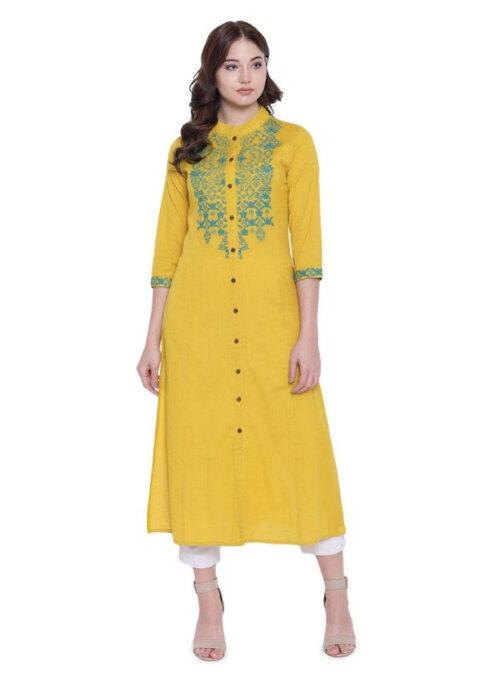 Generic Women’s Khadi Embroidered Kurti (Yellow, Khadi)