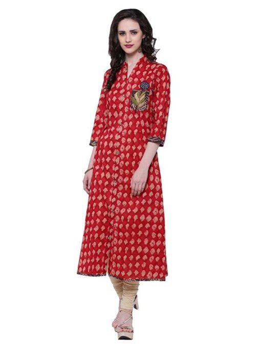 Generic Women’s Cotton Patch A Line Long Kurti (Red, Cotton)