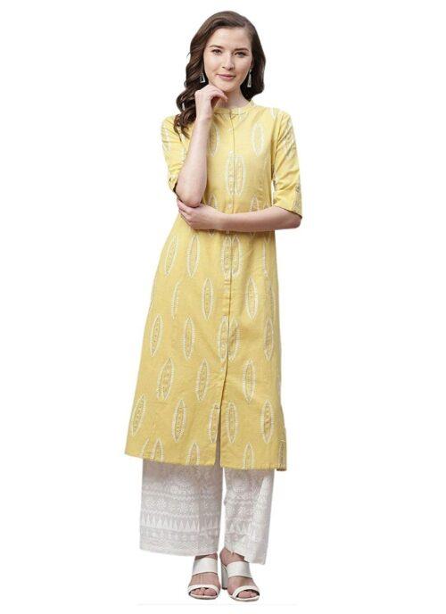 Generic Women’s Pure Cotton Printed A Line Kurti (Yellow, Pure Cotton)