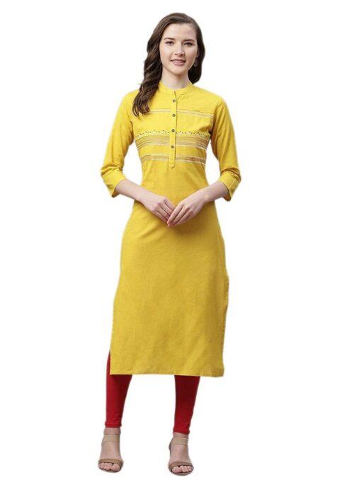 Generic Women’s Pure Cotton Printed Straight Kurti (Yellow, Pure Cotton)