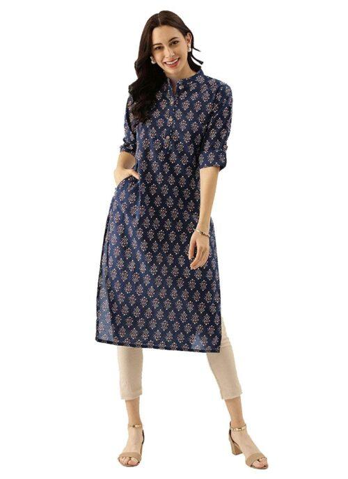 Generic Women’s Cotton Printed Straight Kurti (Navy Blue, Cotton)