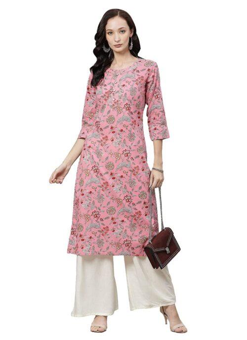 Generic Women’s Cotton Printed Straight Kurti (Pink, Cotton)