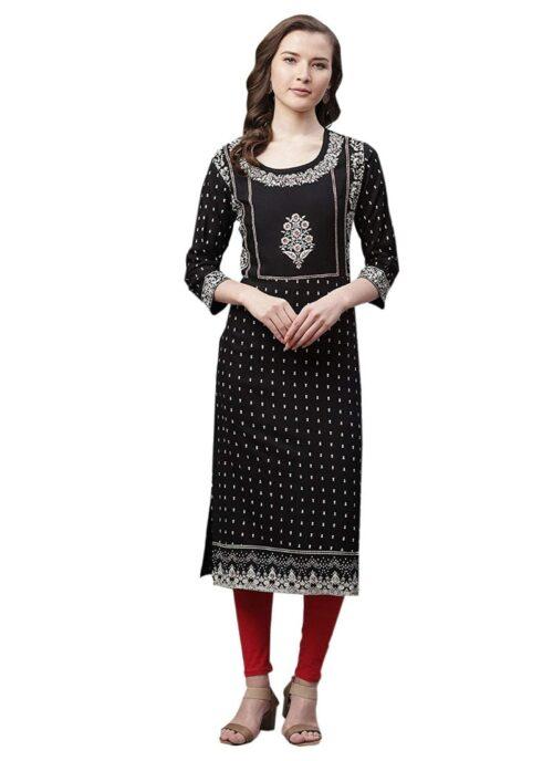 Generic Women’s Rayon Printed Straight Kurti (Black, Rayon)