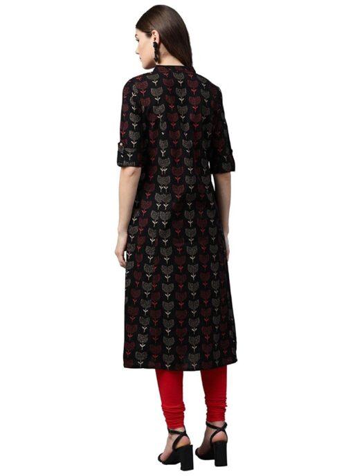 Generic Women’s Cotton Printed A Line Kurti (Black, Cotton)