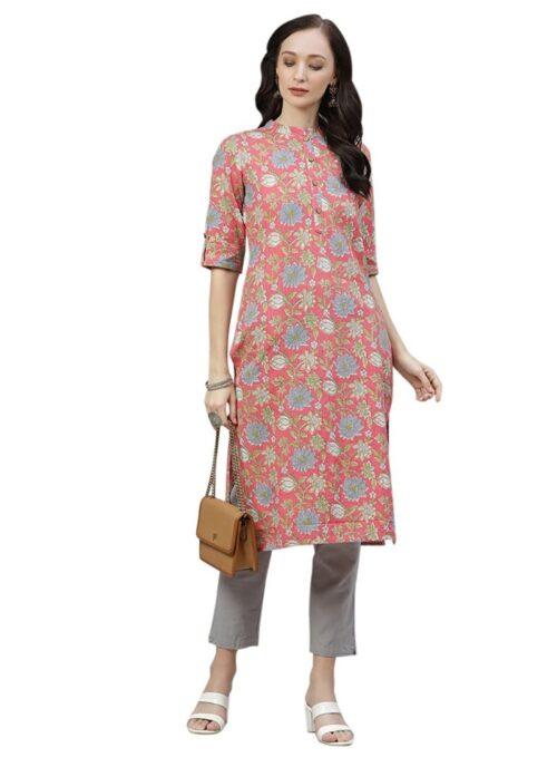 Generic Women’s Cotton Printed Straight Kurti (Pink, Cotton)