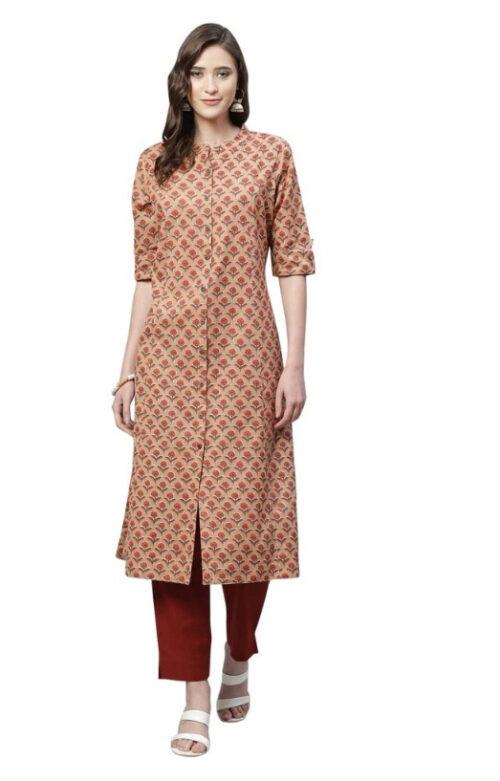 Generic Women’s Cotton Printed Flex Kurti (Peach, Cotton)