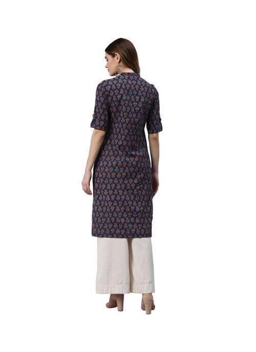 Generic Women’s Cotton Printed Straight Kurti (Navy Blue, Cotton)