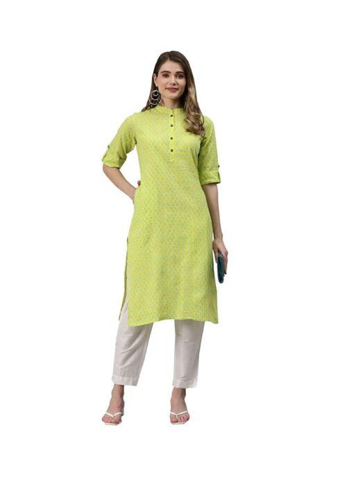 Generic Women’s Cotton Printed Straight Kurti (Yellow, Green, Cotton)