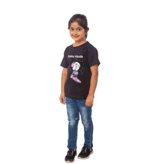 Generic Girls Cotton Snow Board Half Sleeve TShirt (Black)