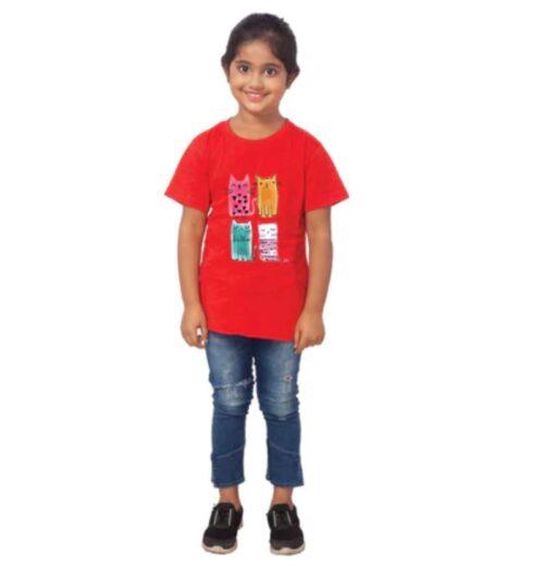 Generic Girls Cotton Cat Half Sleeve TShirt (Red)