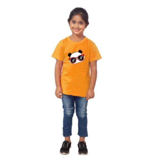 Generic Girls Cotton Panda Glass Half Sleeve TShirt (Mustard)