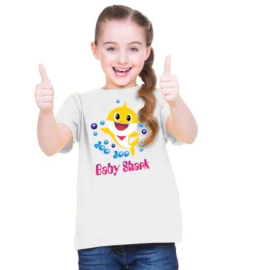 Generic Girls Cotton Baby Shark Half Sleeve TShirt (White)