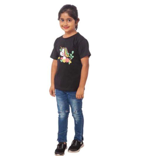 Generic Girls Cotton Unicorn Face Half Sleeve TShirt (Black)