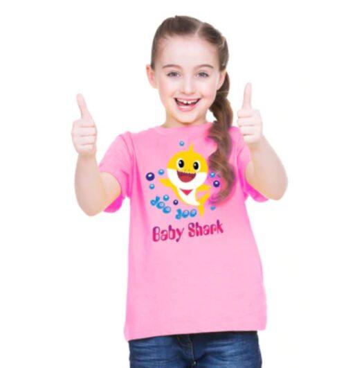 Generic Girls Cotton Baby Shark Half Sleeve TShirt (Pink)