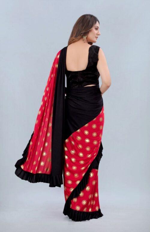 Women’s Lycra Blend Saree with Blouse (Red, 5-6 Mtrs)