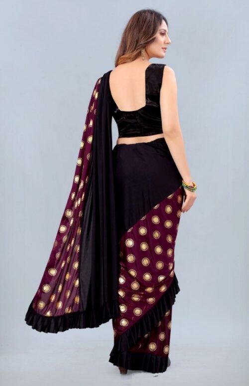 Women’s Lycra Blend Saree with Blouse (Wine, 5-6 Mtrs)