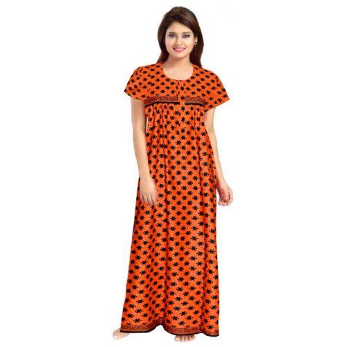 Generic Women’s Cotton Printed Maxi Nighty (Orange)