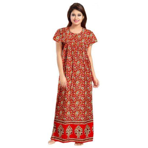 Generic Women’s Cotton Printed Maxi Nighty (Red)