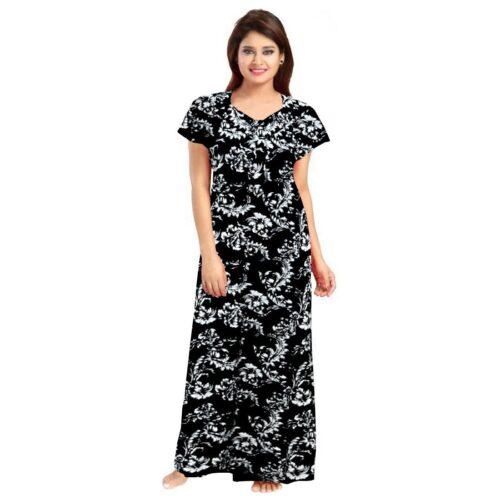 Generic Women’s Cotton Printed Maxi Nighty (Black)