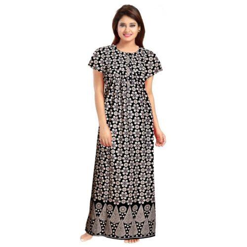 Generic Women’s Cotton Printed Maxi Nighty (Black)