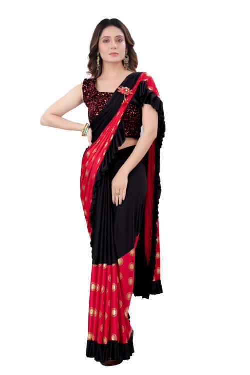 Women’s Lycra Blend Saree with Blouse (Red, 5-6 Mtrs)