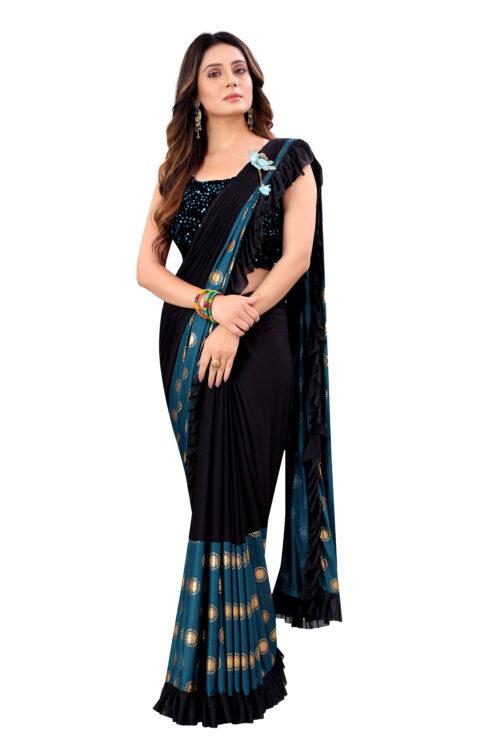 Women’s Lycra Blend Saree with Blouse (Rama, 5-6 Mtrs)