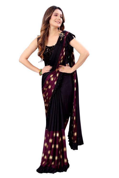 Women’s Lycra Blend Saree with Blouse (Wine, 5-6 Mtrs)